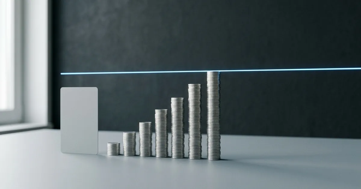 A blank payment card standing beside stacks of silver coins that rise toward a thin blue line, suggesting the different 1099-K rules for card payments and payment apps