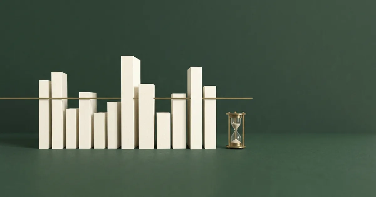 A row of cream blocks of varying heights on deep green, with a thin brass line marking the reporting threshold and a small hourglass for the filing deadline