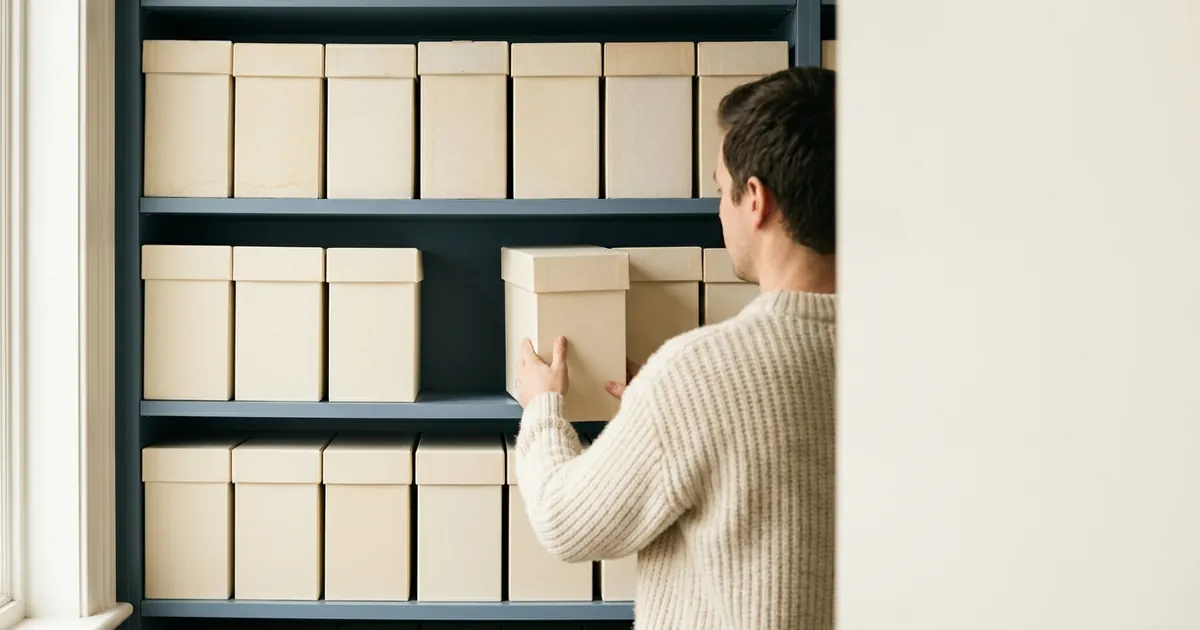 A person seen from behind pulling one plain box from slate blue shelves of unlabeled cream archive boxes, suggesting records kept for different lengths of time