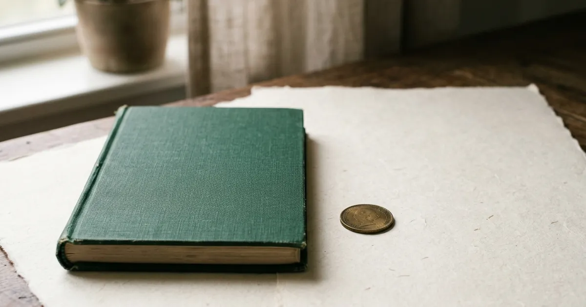 A closed deep green ledger book and a single brass coin set a few inches apart on a cream desk, suggesting the gap between when work is recorded and when cash is received