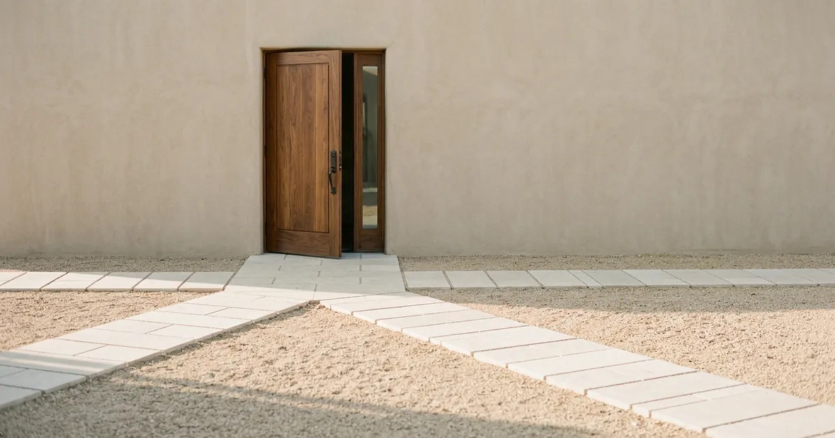 Four pale stone walkways crossing a sand-colored gravel courtyard and meeting at one open walnut door in a beige wall, suggesting four ways an LLC can become a C corporation