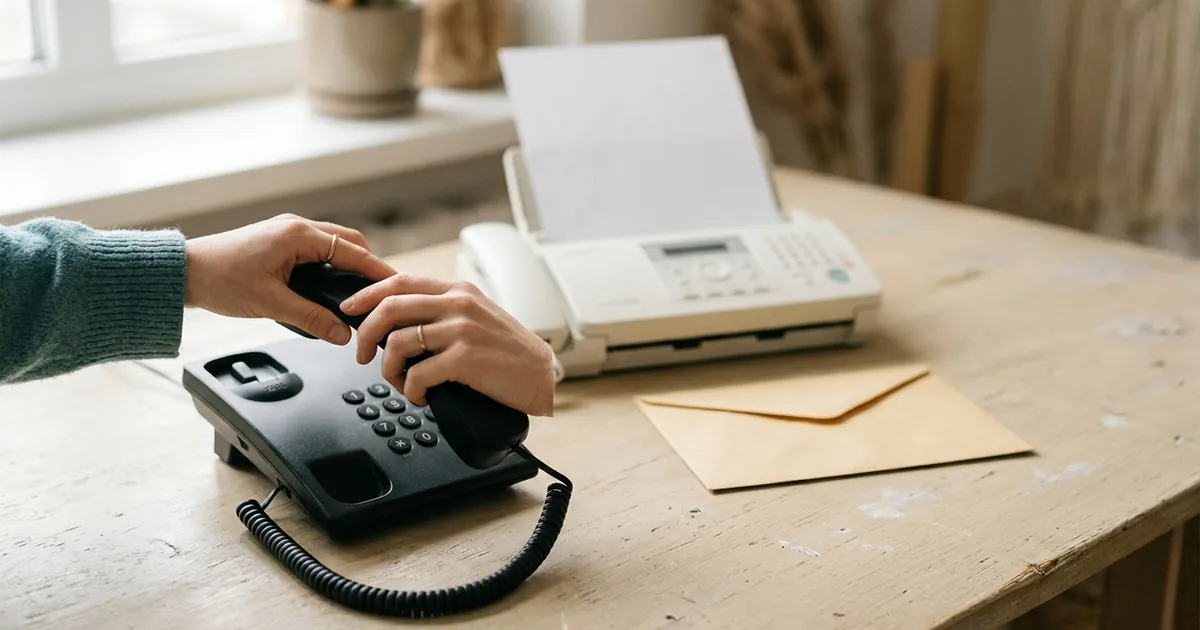 A hand lifting a black desk phone handset, with a fax machine holding a blank sheet and a sealed envelope behind it, suggesting three ways to apply for an EIN without an SSN