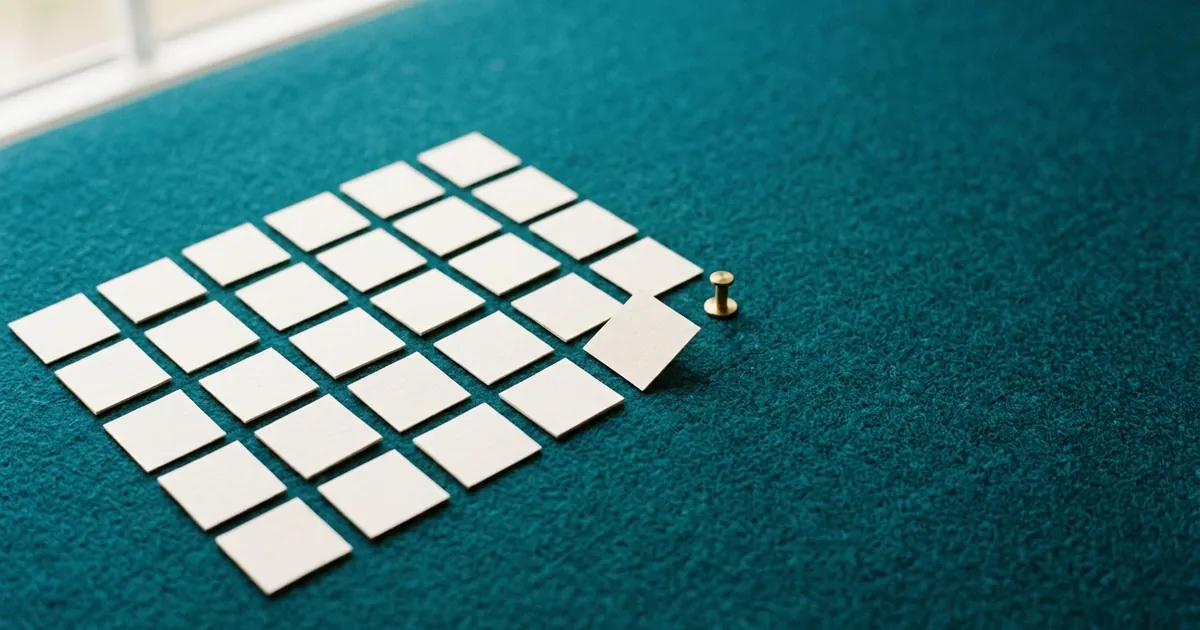 A flat grid of small cream paper tiles on a deep teal surface, rows added one column at a time, with a single brass pin set just past the last column to mark the cutoff, soft window light