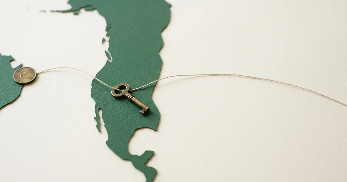 A green paper map on cream with a thin thread running from a coin on one coast to a small brass key on another, suggesting money a foreign owner puts into a new LLC