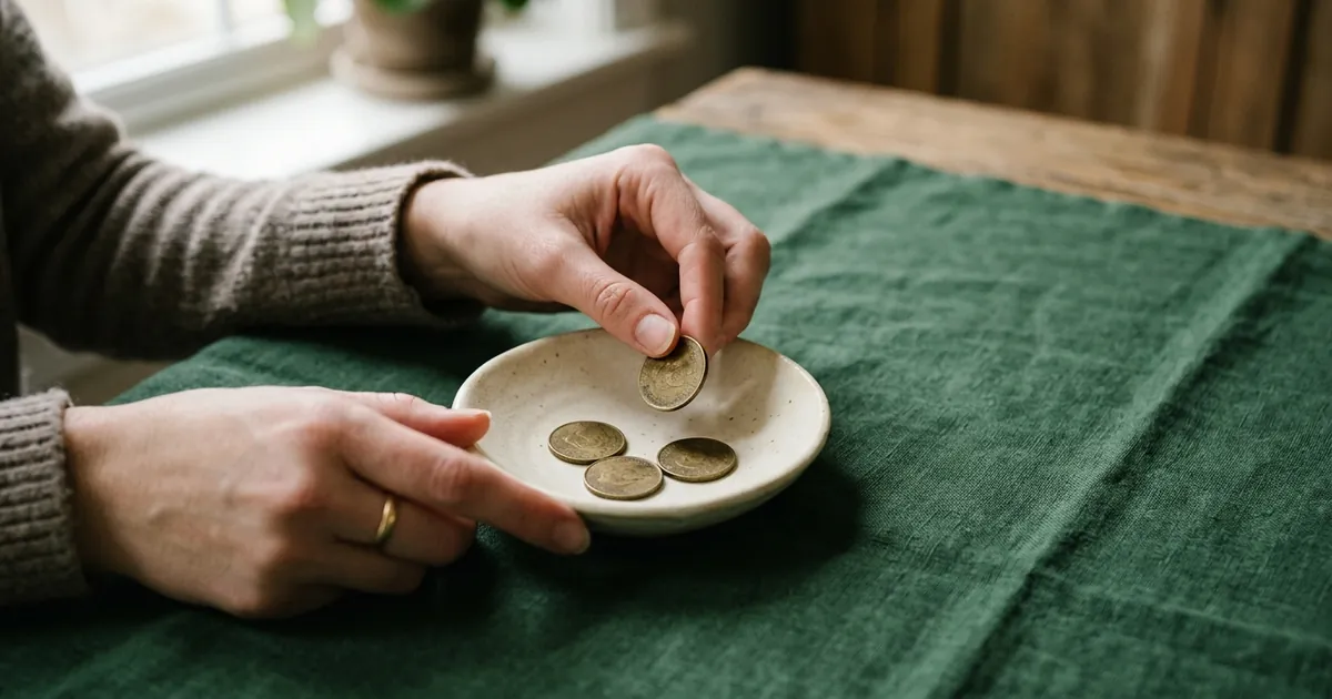 Hands placing the last of four brass coins into a shallow cream dish on a deep green surface, lit by soft window light