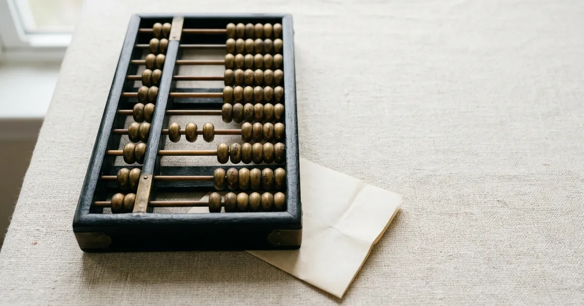 A black abacus with brass beads on an ivory desk, three beads set apart on one rod to suggest three choices, a blank folded paper slip tucked under its edge, soft window light
